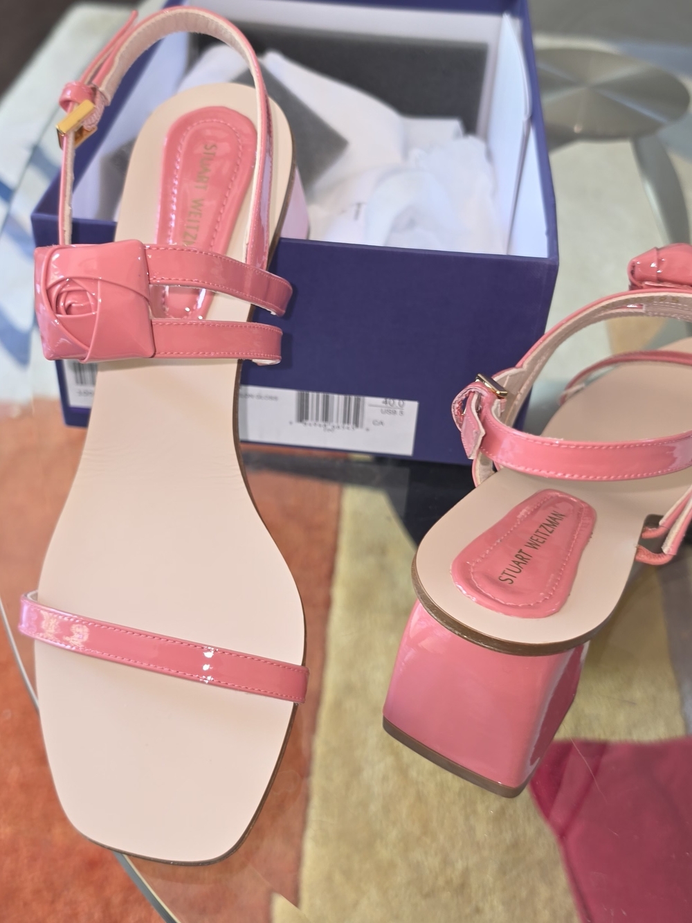Stuart Weitzman Pink Patent Square Toe Block Heel Sandals